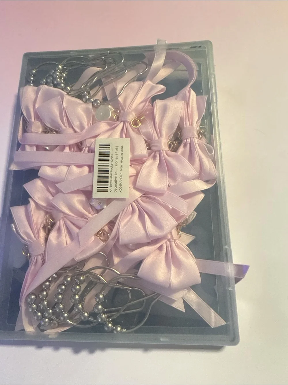 Delicate Pink Bow Shower Curtain Hooks with Silver Metal Hooks